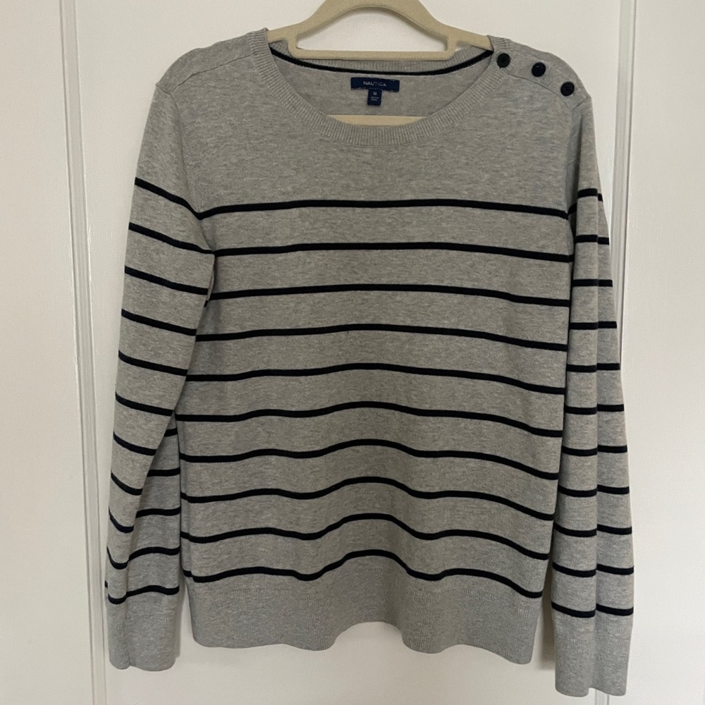 Nautica Gray and Navy Striped Sweater M